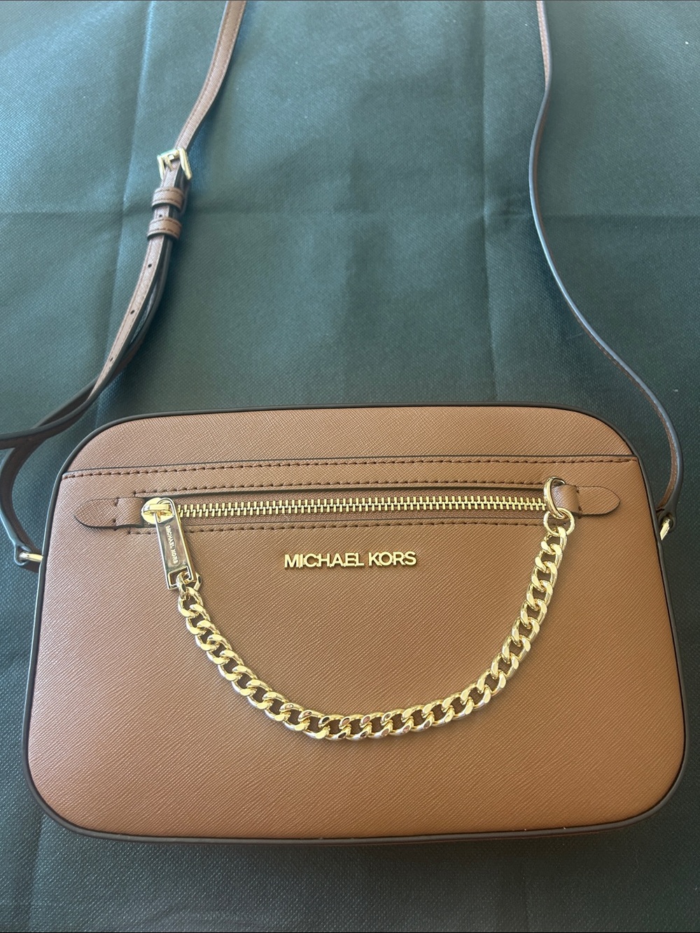 Michael Kors Brown Saffiano Crossbody with Gold Chain